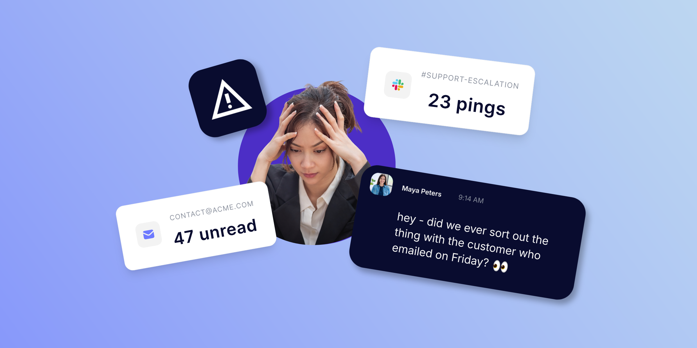 Burned out customer support agent is surrounded by digital alerts and notifications