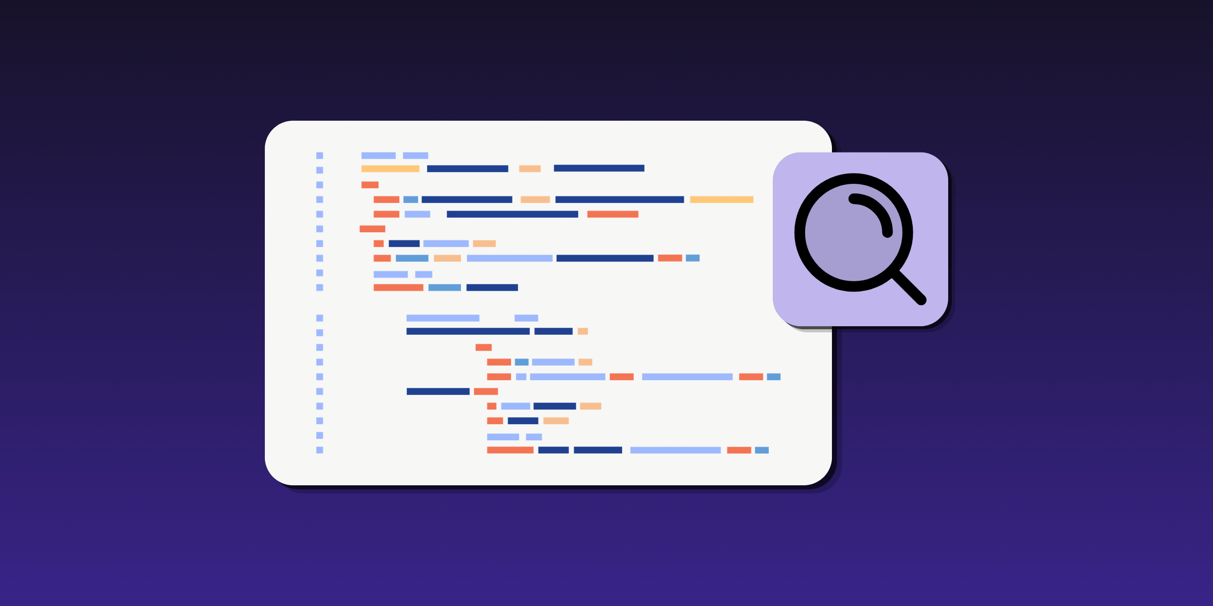 Lines of code with a magnifying glass hovering over the top