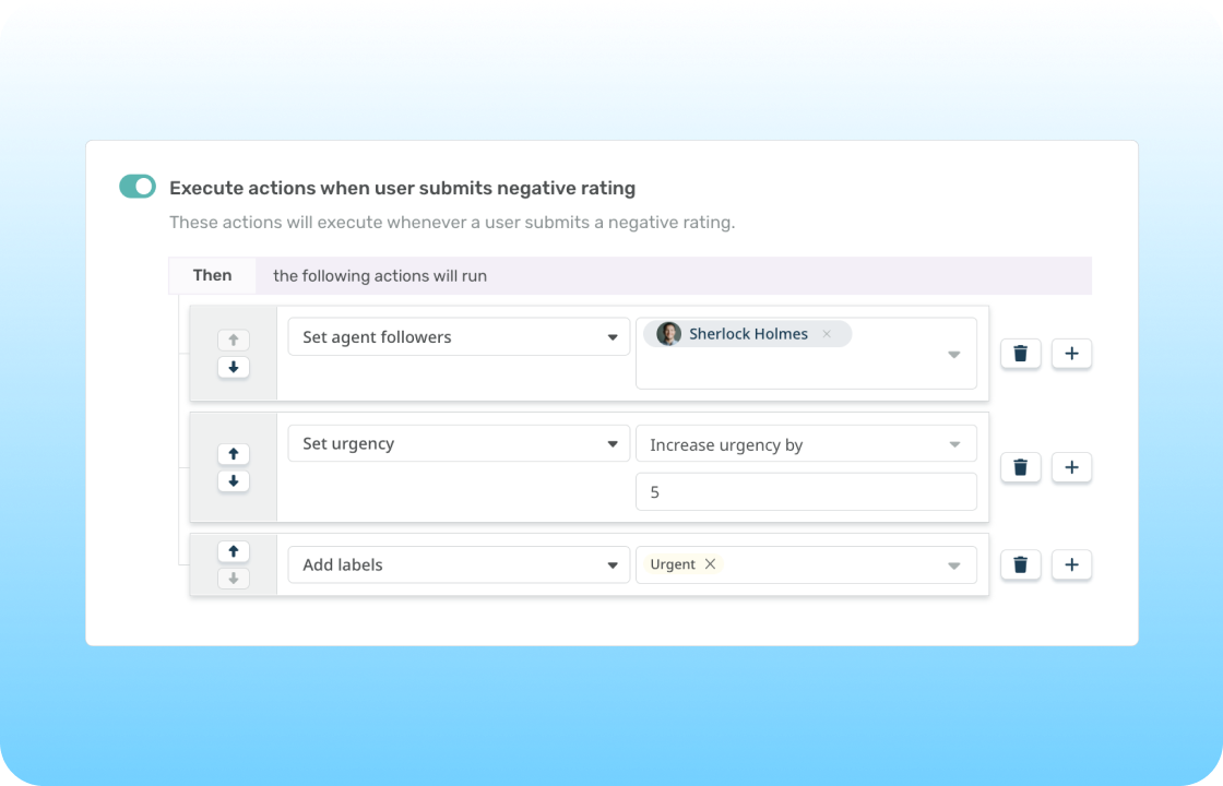 Example of multi-step automation when user submits a negative rating