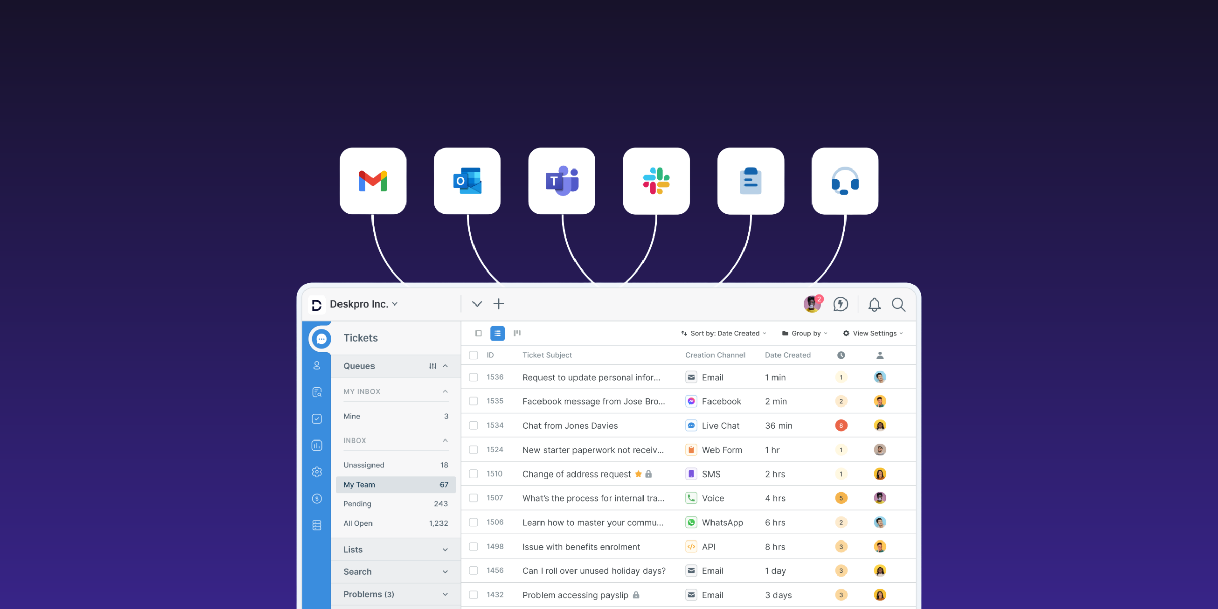 Omnichannel help desk agent interface with icons showing different connected channels